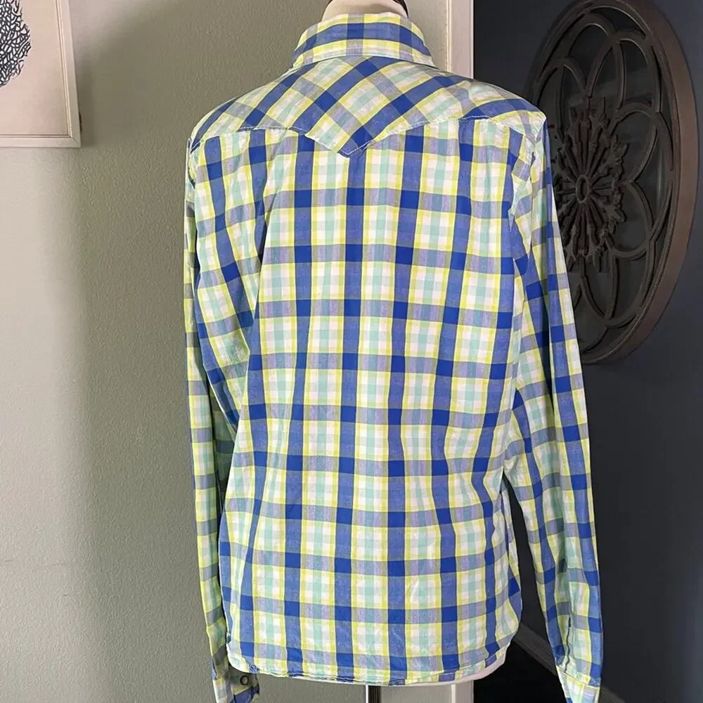 Hollister Blue and Green Plaid western Style Casual Button Down Shirt